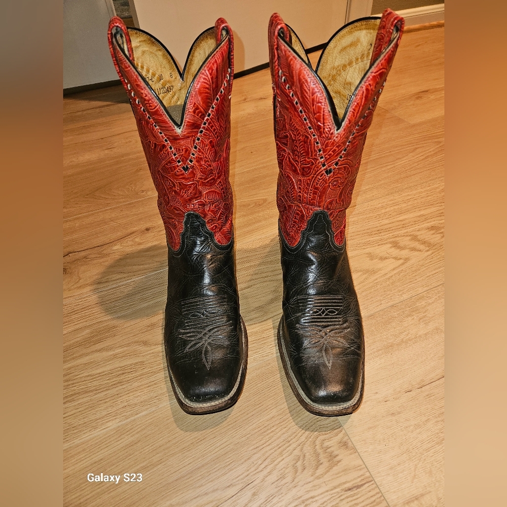 Tony Lama Red and Black tooled Boots made in USA.